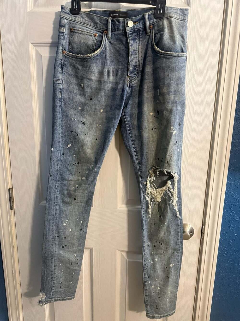 Purple Brand Style P002 Paint Splatter Distressed Skinny Jeans Light Indigo
